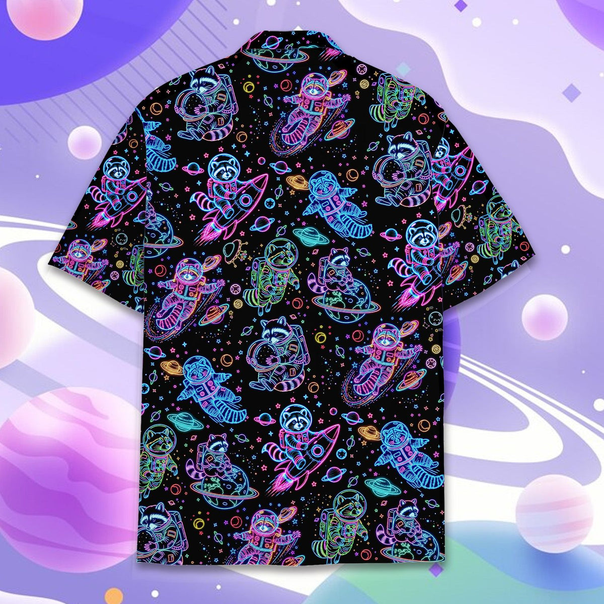 Another detail view of the astronaut raccoons on the black space hawaiian shirt