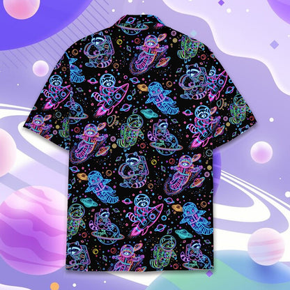 Another detail view of the astronaut raccoons on the black space hawaiian shirt