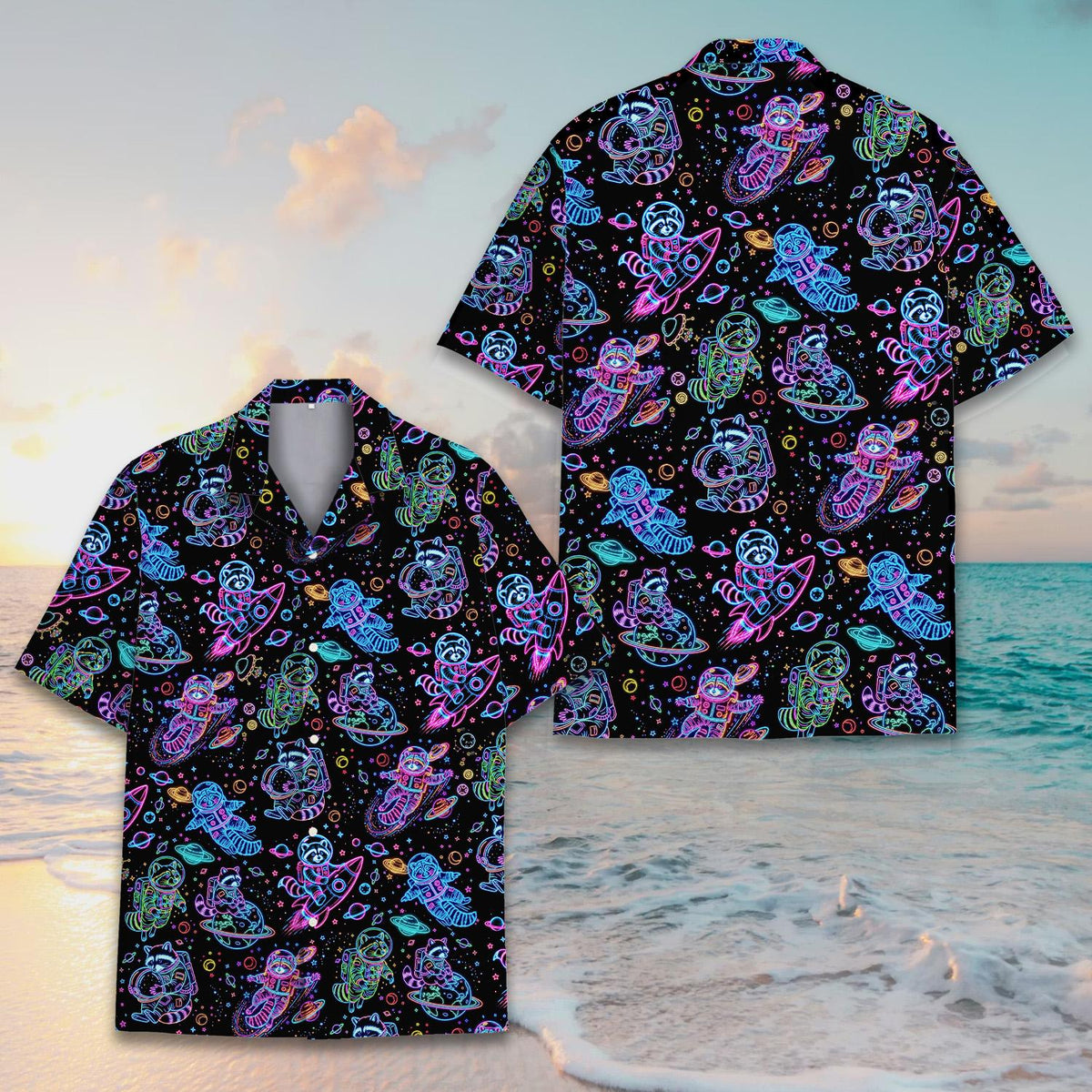 Final detail view of the neon pink, blue, and green space design on the hawaiian shirt