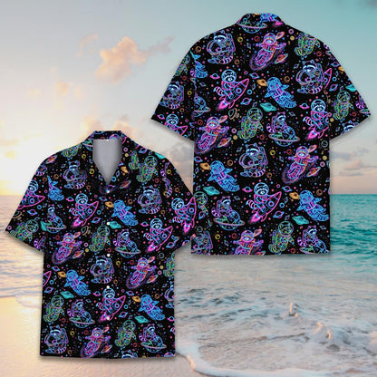Final detail view of the neon pink, blue, and green space design on the hawaiian shirt