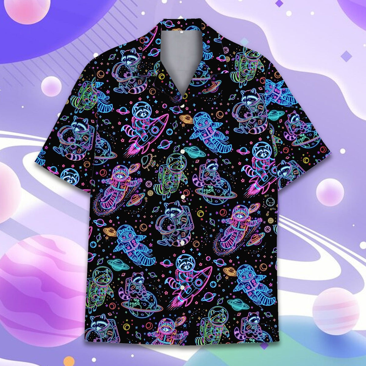 Detail view of the space raccoons hawaiian shirt fabric and pattern