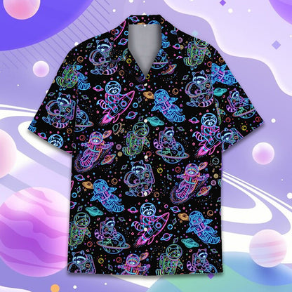 Detail view of the space raccoons hawaiian shirt fabric and pattern