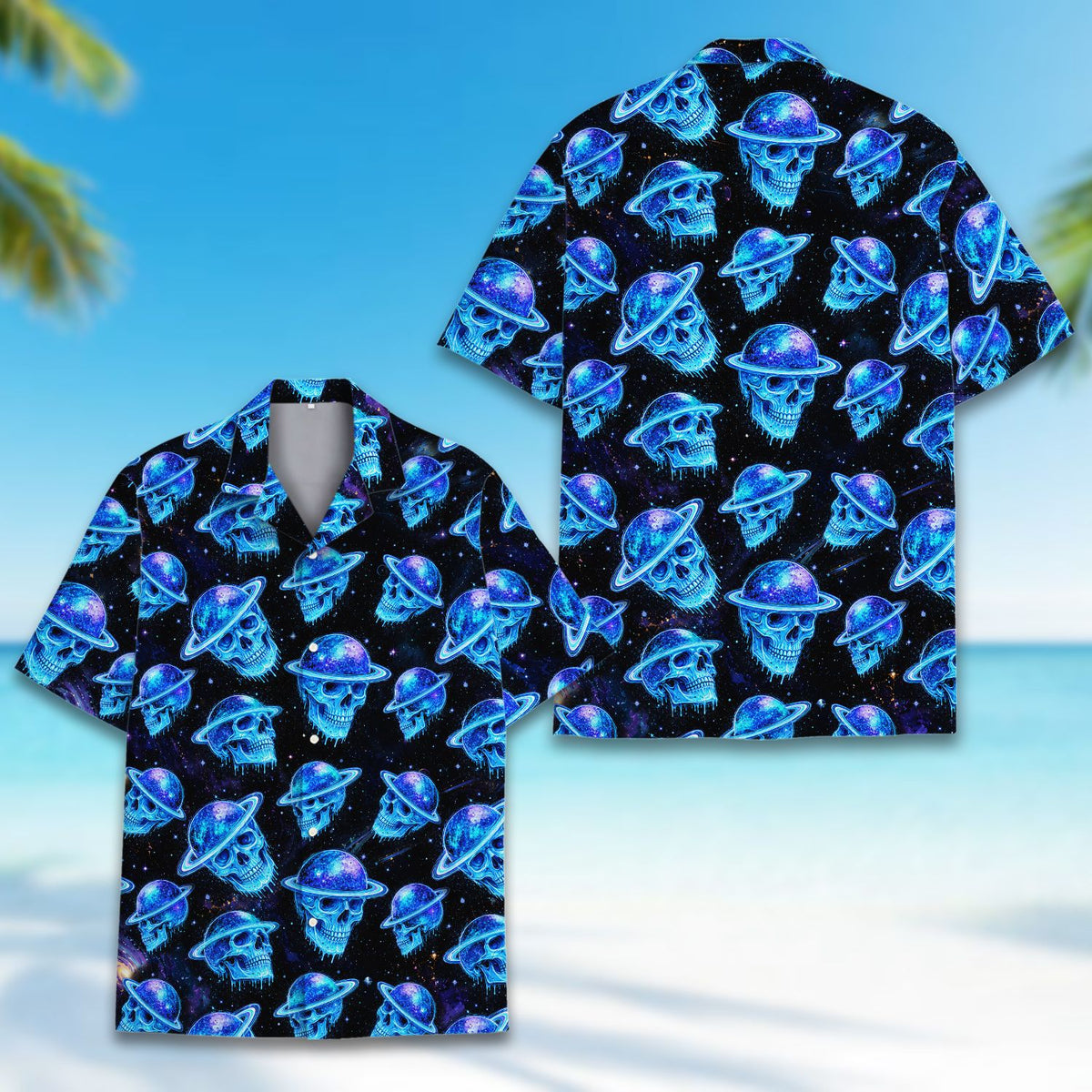 Space skulls hawaiian shirt main view with cosmic black and blue design