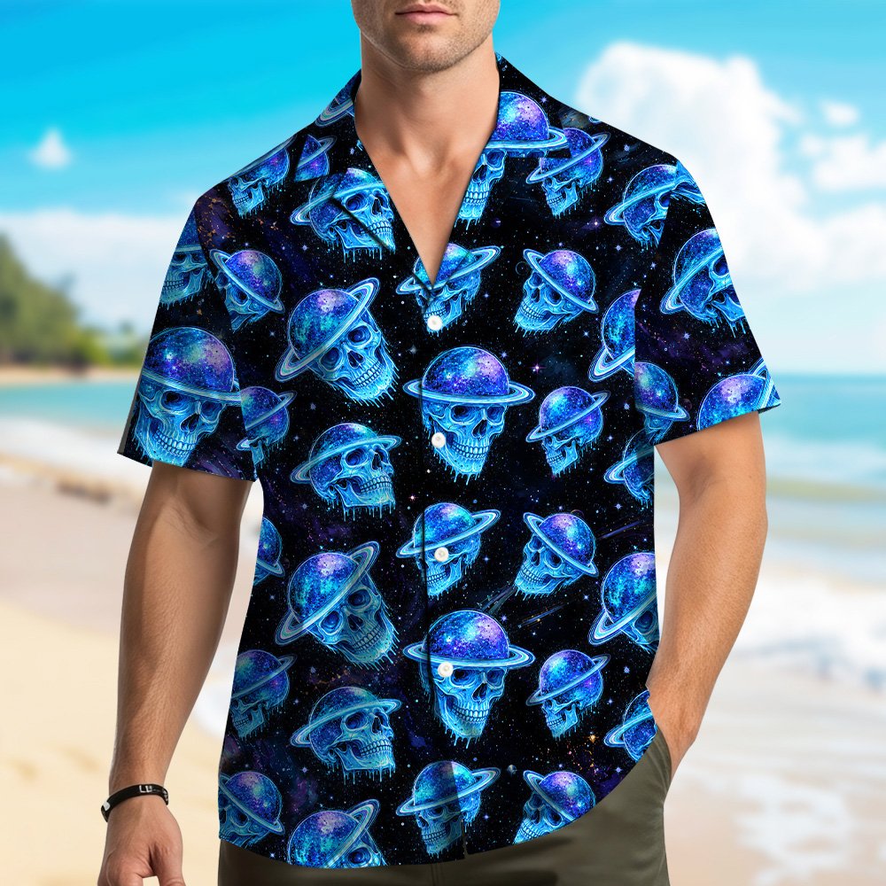 Another lifestyle image featuring the black space hawaiian shirt