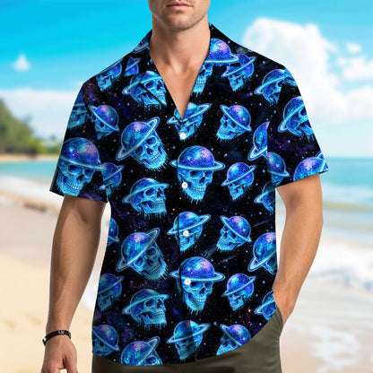 Another lifestyle image featuring the black space hawaiian shirt