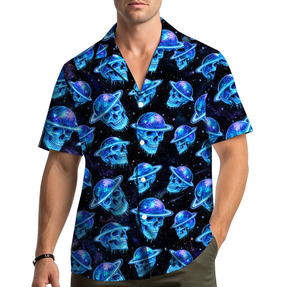 Lifestyle shot of someone wearing the space skulls hawaiian shirt