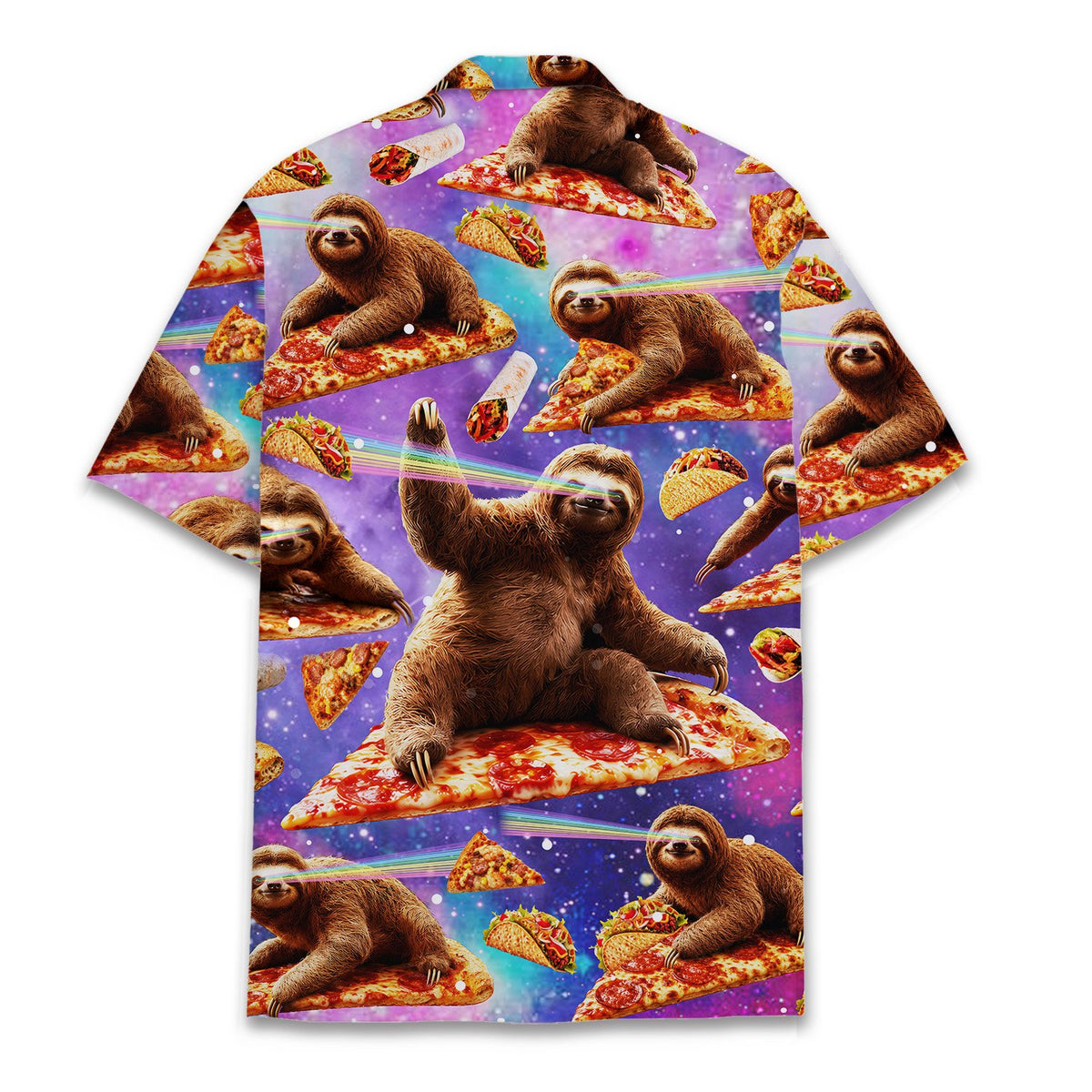Back view of the vibrant purple galaxy space sloth shirt