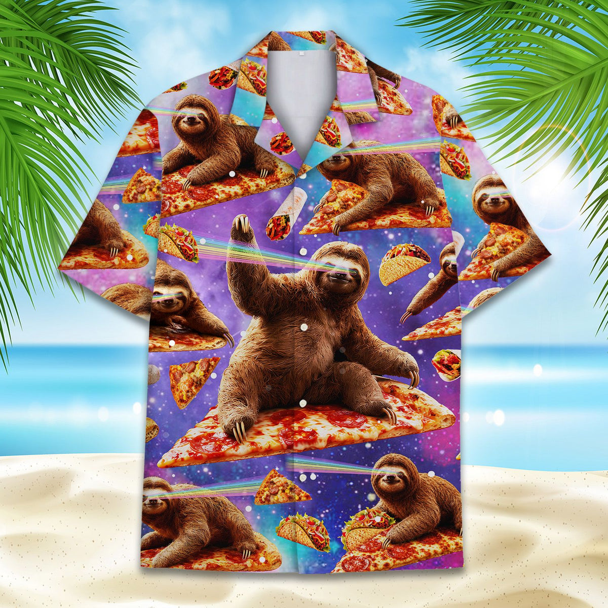 Close up front view of the space hawaiian shirt with laser shooting sloths