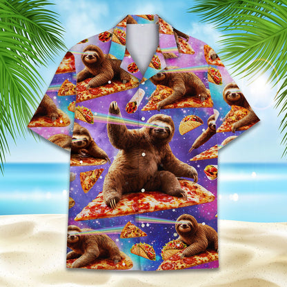 Close up front view of the space hawaiian shirt with laser shooting sloths