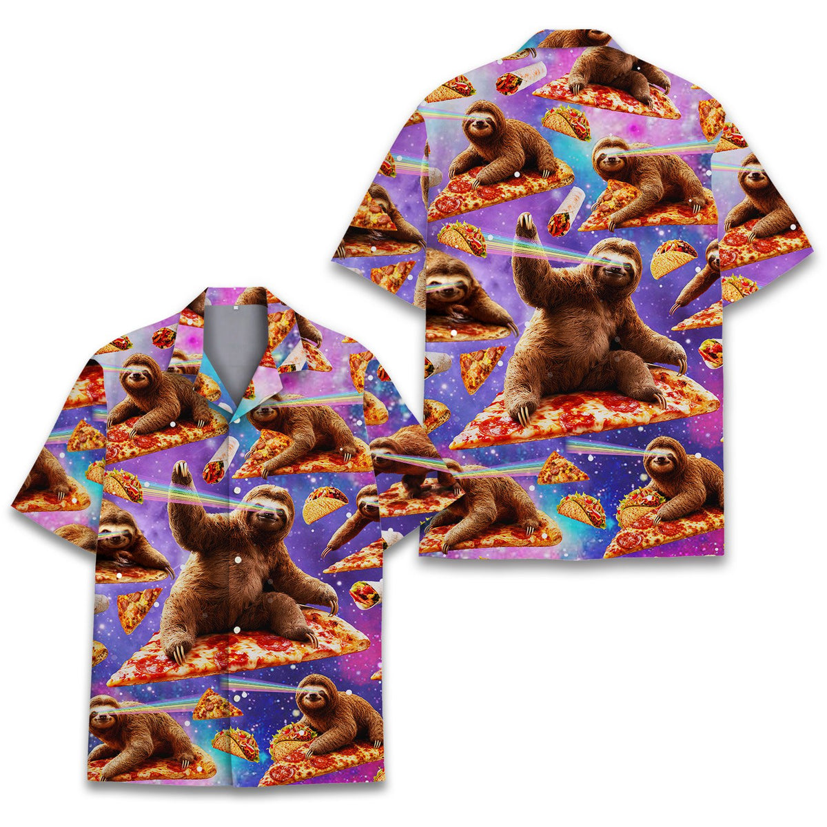 Additional front perspective of the vibrant sloth hawaiian shirt in purple