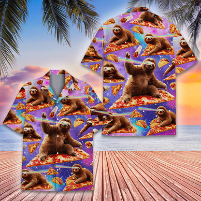 Front detail of the space sloth pizza taco shirt laid out flat