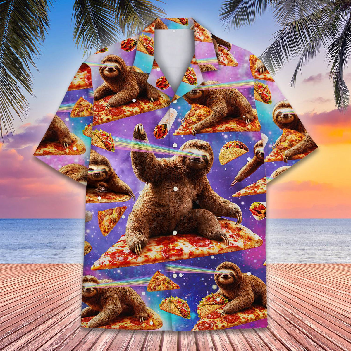 Front view of the space sloth pizza taco hawaiian shirt with a purple galaxy background