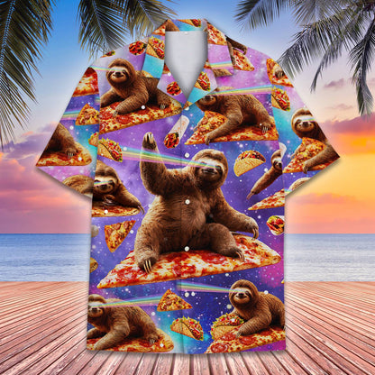 Space shuttle hawaiian shirt style design featuring sloths riding pizza slices in space, main view
