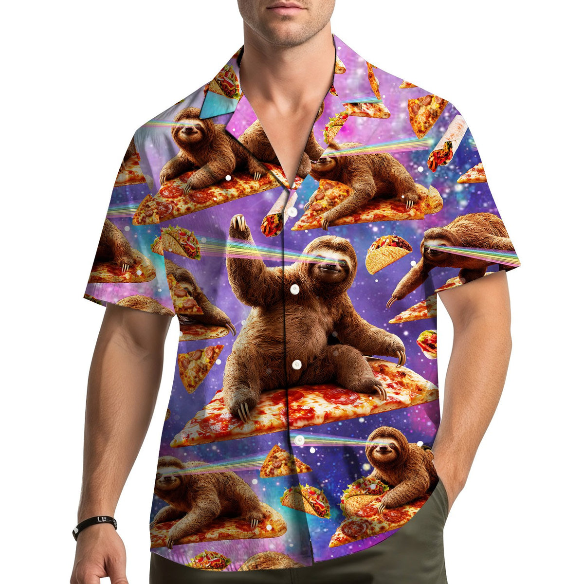 Lifestyle view of a person wearing the matching family hawaiian shirts outdoors
