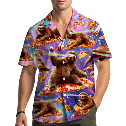 Lifestyle view of a person wearing the matching family hawaiian shirts outdoors