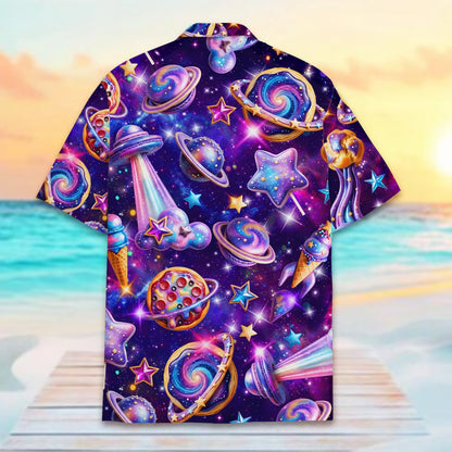 Alternate back view showing the galaxy and pizza planets on the hawaiian shirt