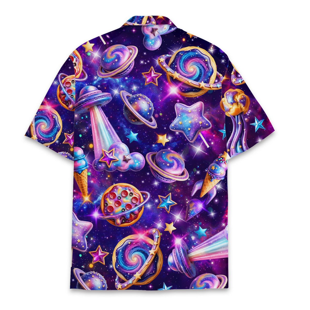 Back view of the purple space hawaiian shirt