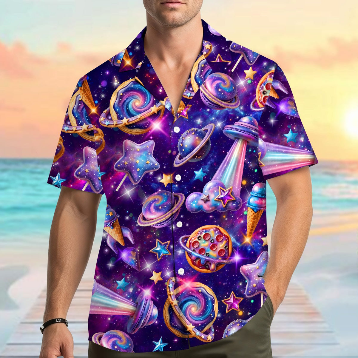 Second lifestyle view of the space sweets hawaiian shirt outdoors