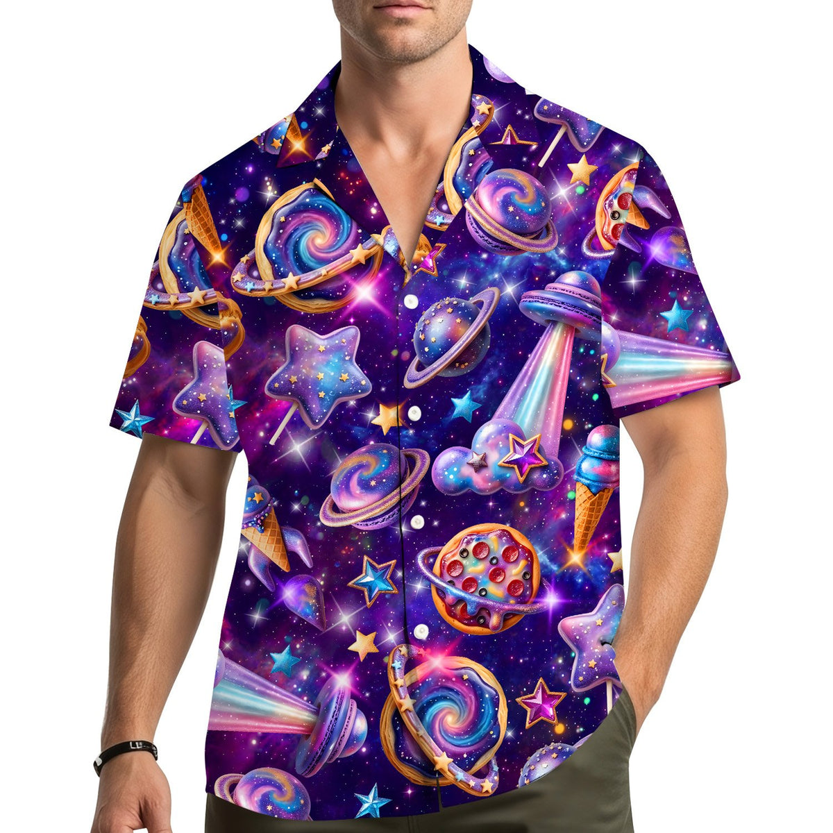 Lifestyle view of someone wearing the space sweets matching family hawaiian shirt