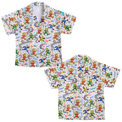 Close up front view showing the soccer and rainbow swirl design