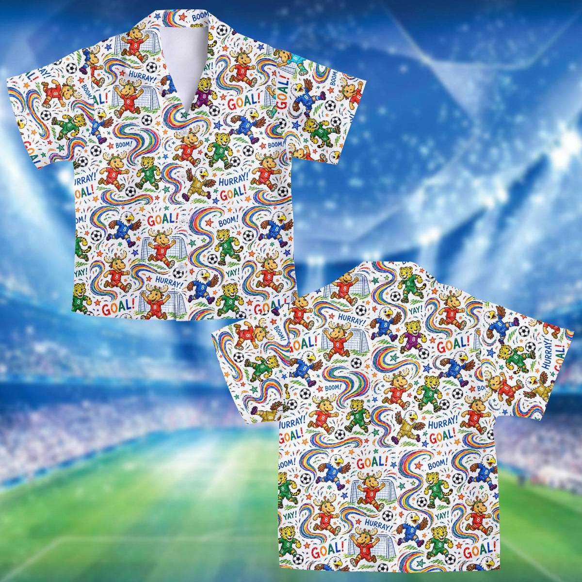 Detailed front view of the sports animals pattern on the hawaiian shirt