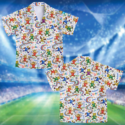Detailed front view of the sports animals pattern on the hawaiian shirt