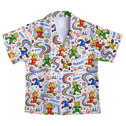 Main view of the white sports hawaiian shirt featuring cartoon animals playing soccer