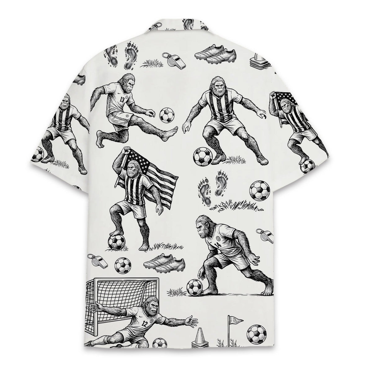 Back view of the white and black sports bigfoot hawaiian shirt