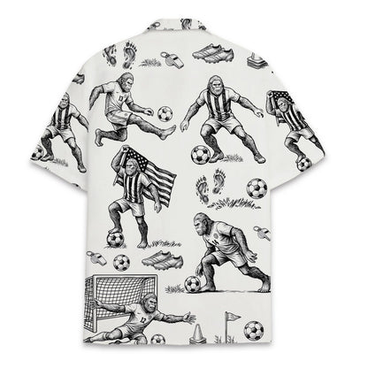 Back view of the white and black sports bigfoot hawaiian shirt