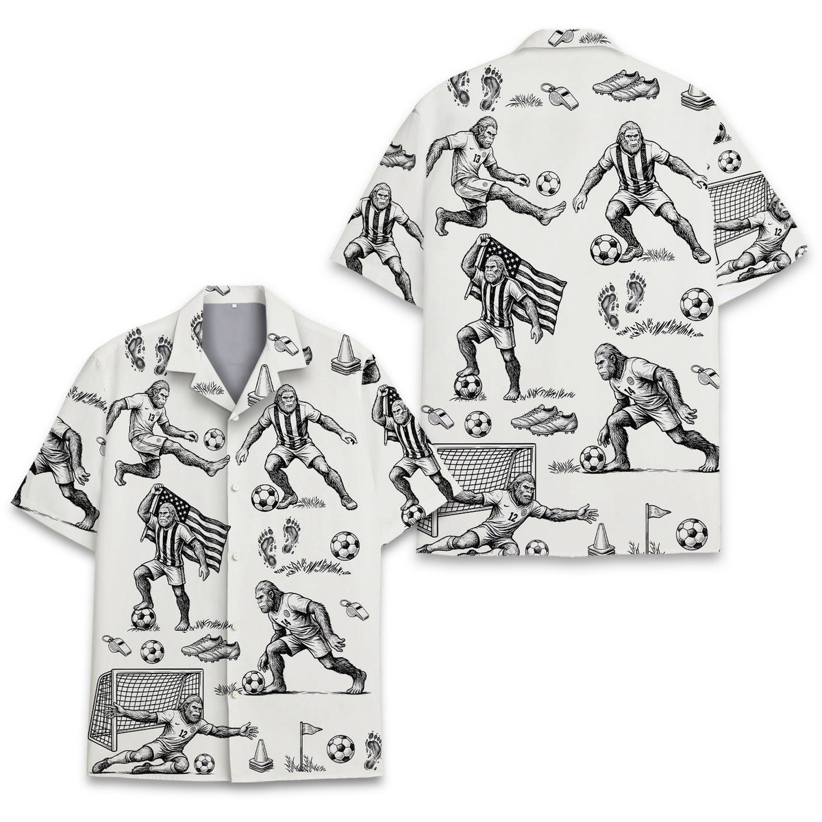 Close-up front view of the bigfoot playing soccer design on the hawaiian shirt