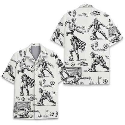 Close-up front view of the bigfoot playing soccer design on the hawaiian shirt