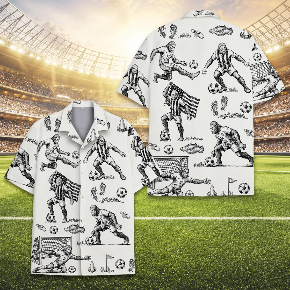 Another front angle of the matching family hawaiian shirts with bigfoot pattern