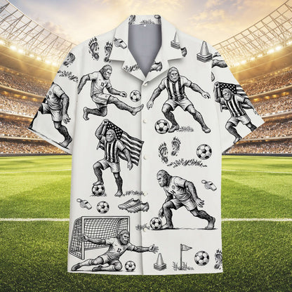 Sports bigfoot hawaiian shirt featuring a black-and-white Sasquatch soccer pattern, main view