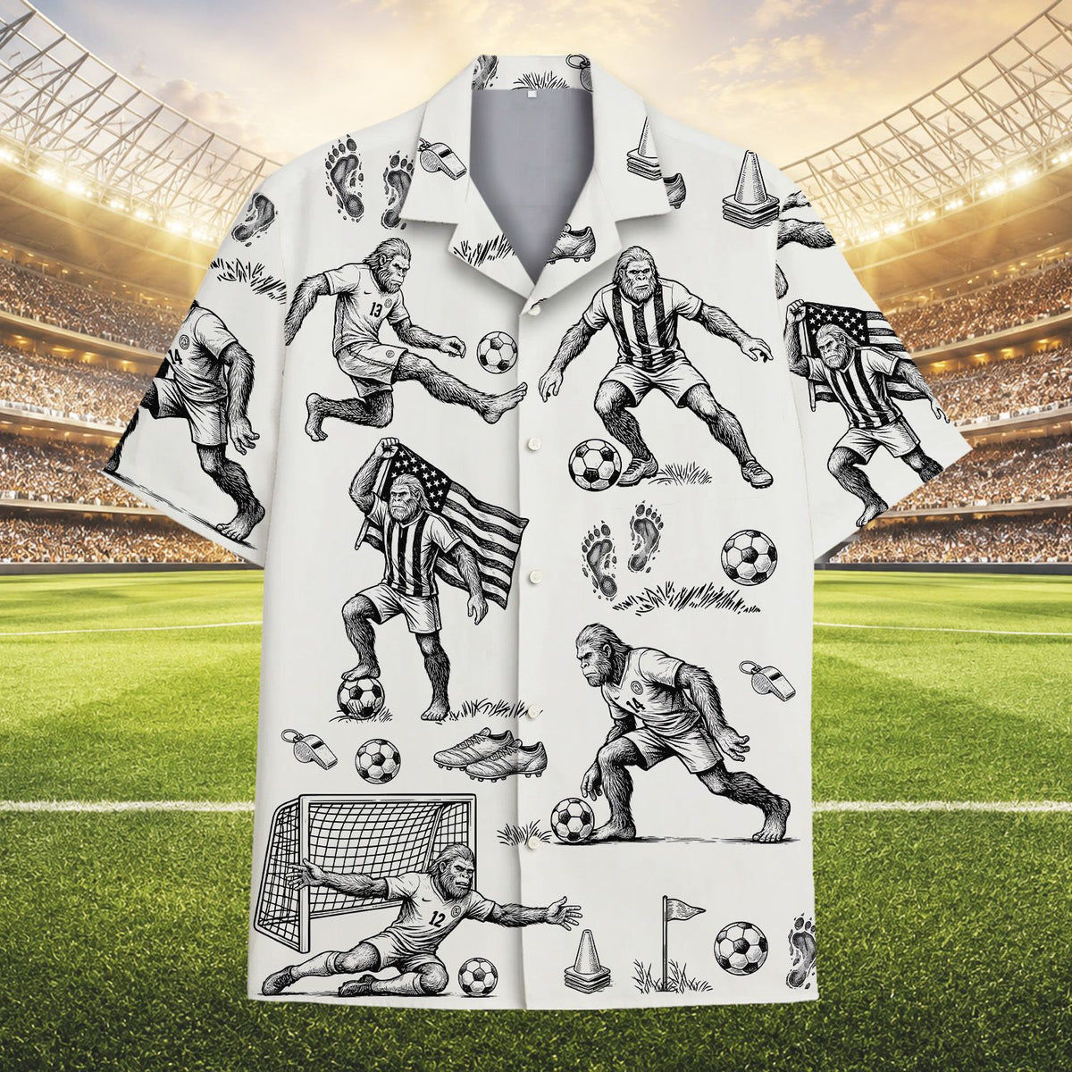 Front view of the sports bigfoot hawaiian shirt for adults