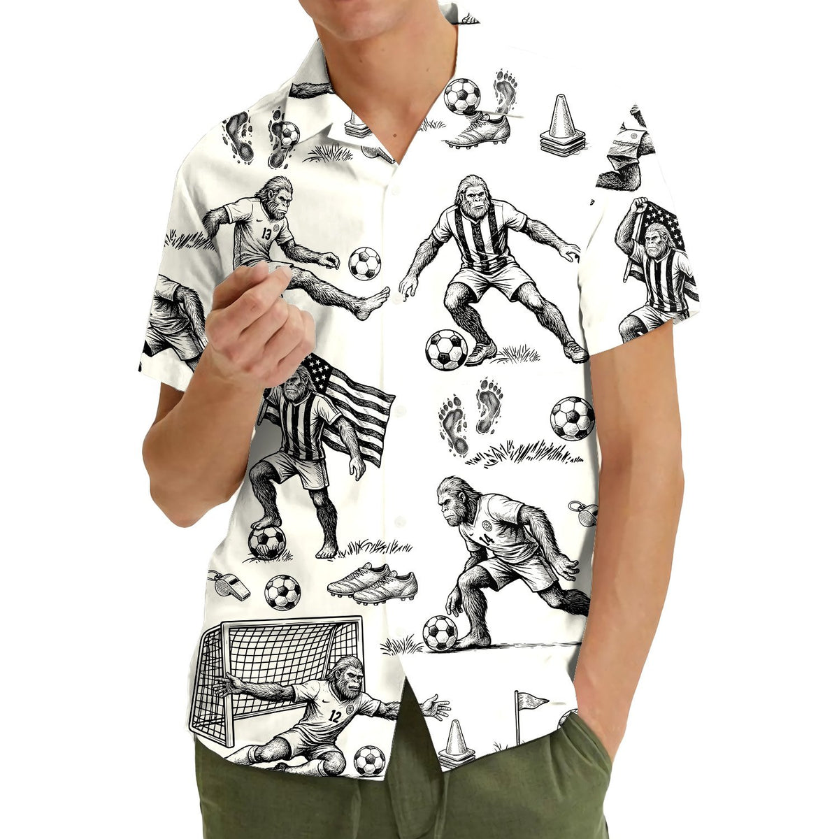 Lifestyle perspective showing the sports bigfoot hawaiian shirt in action