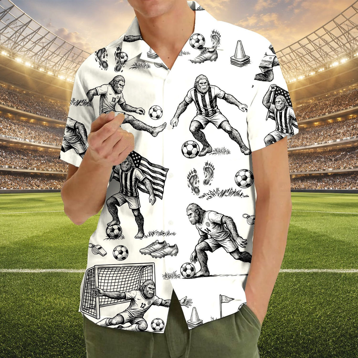Final lifestyle view of the sports bigfoot hawaiian shirt in a casual setting