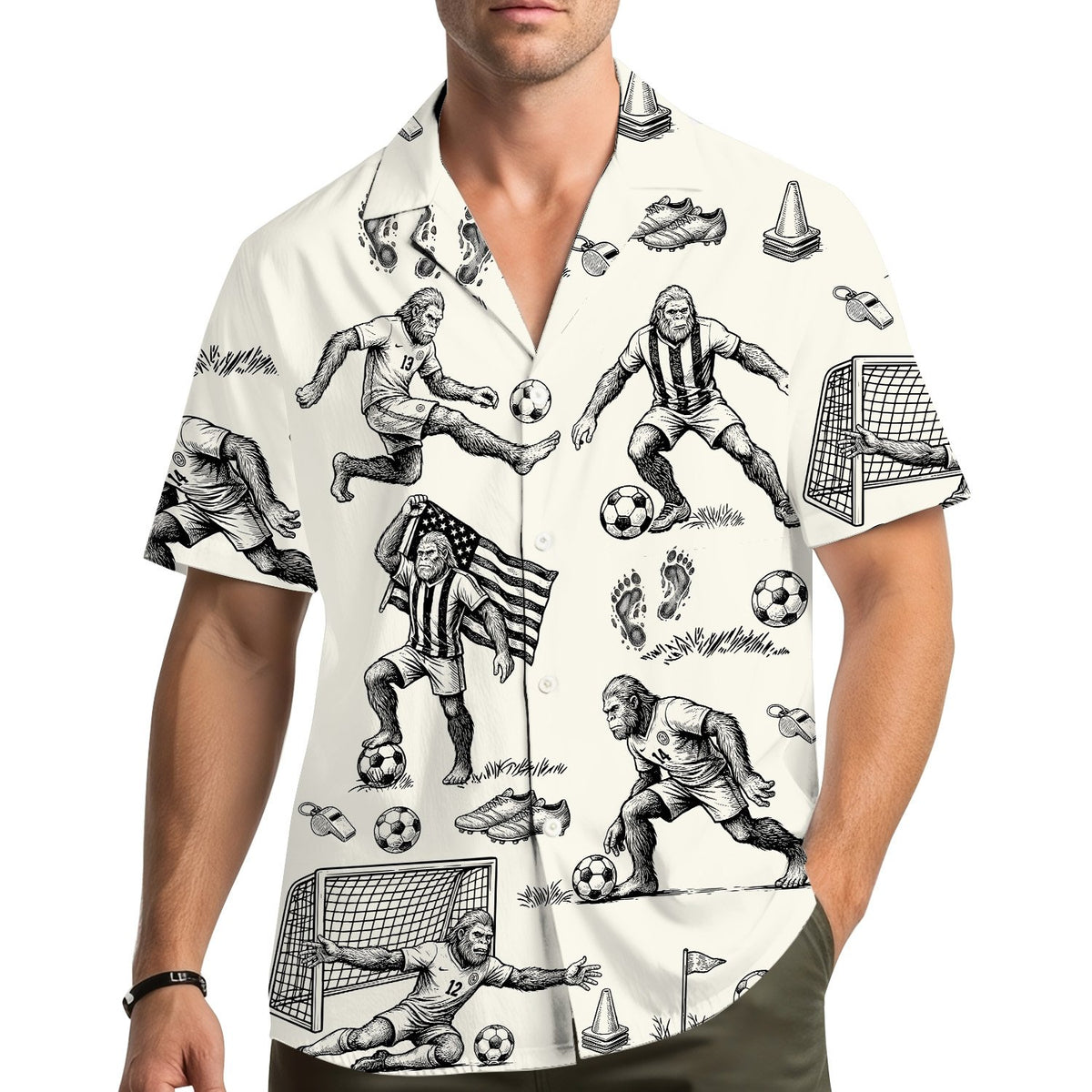 Lifestyle view of someone wearing the sports bigfoot hawaiian shirt outdoors