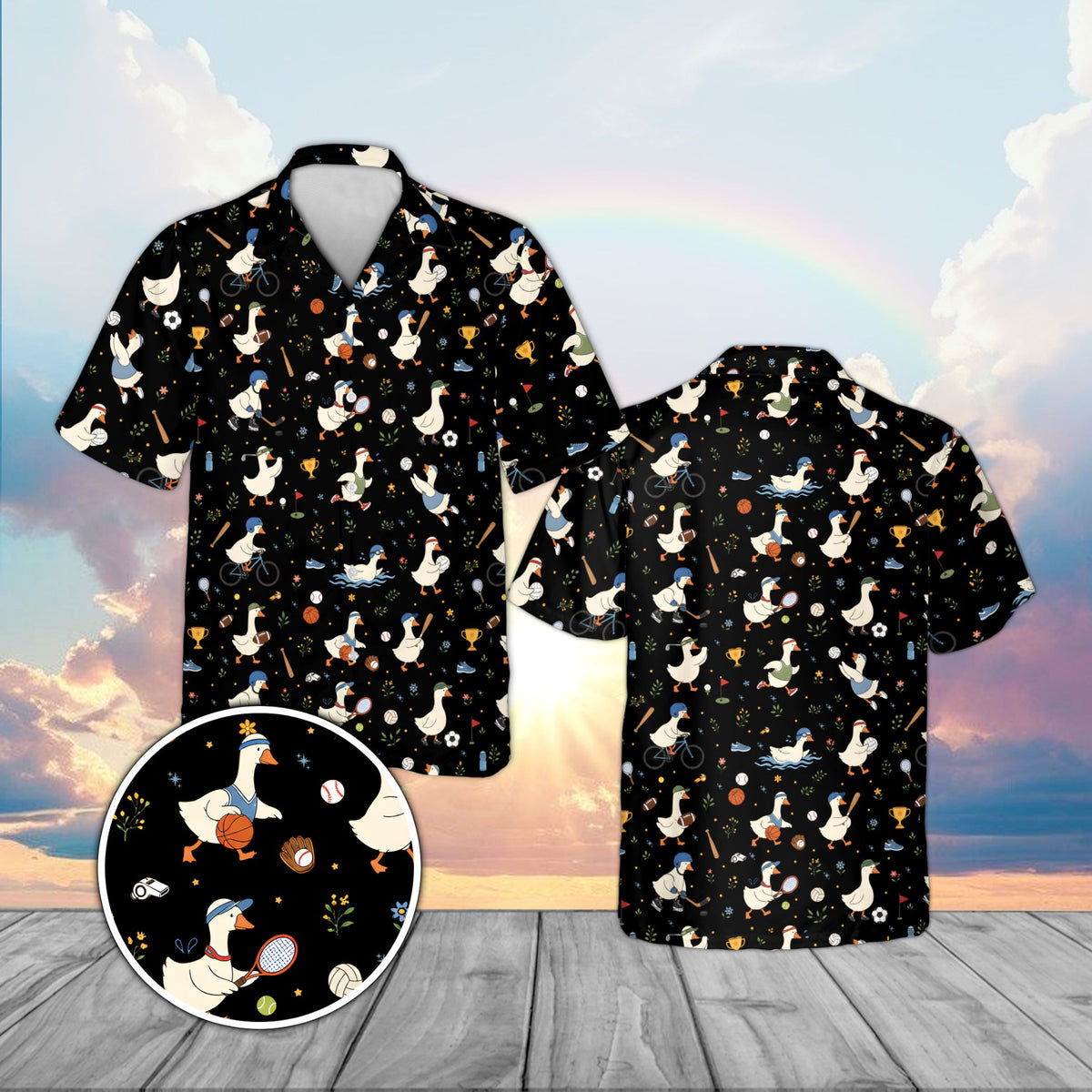Black sports hawaiian shirt featuring cartoon ducks playing games, front view