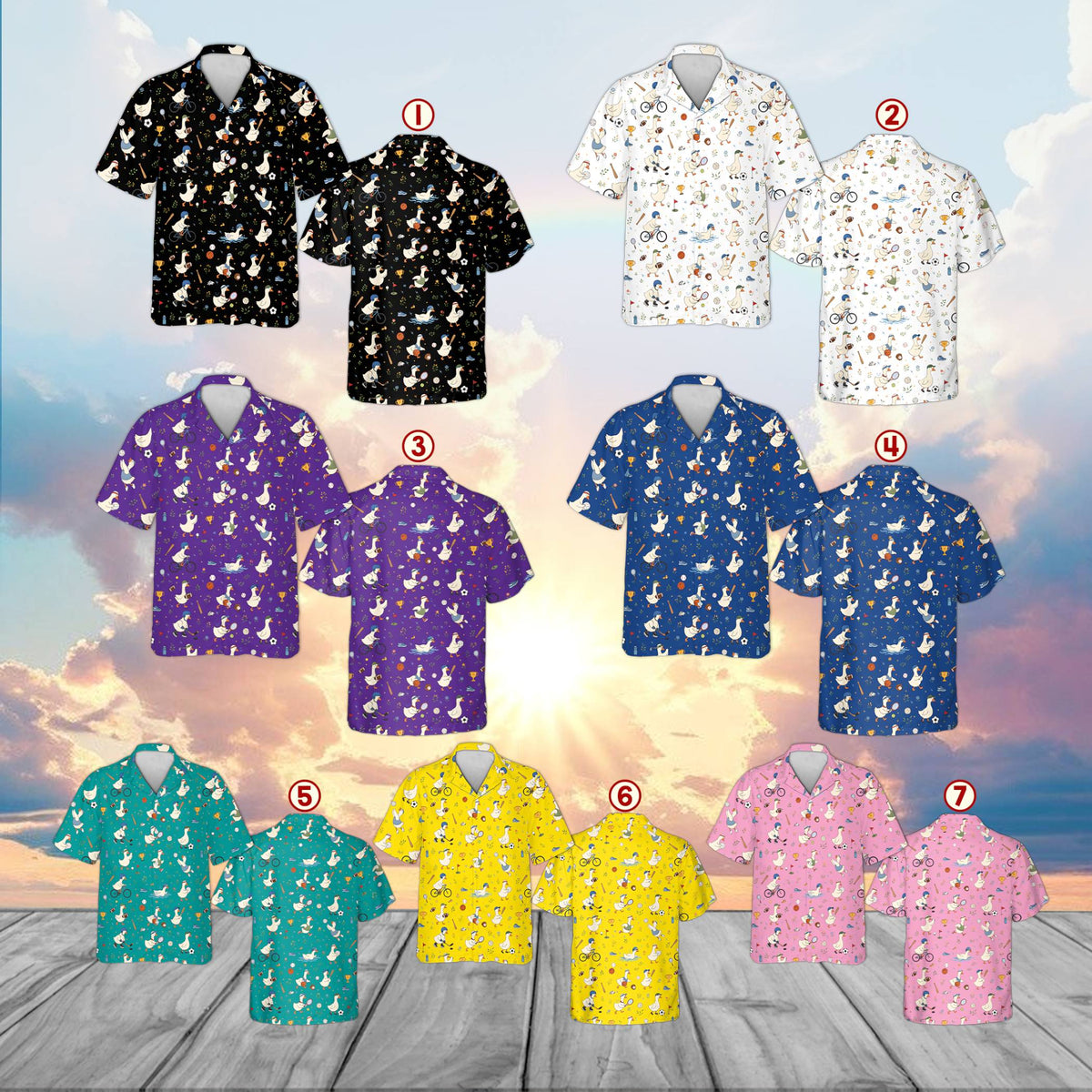 Multicolor cartoon duck sports hawaiian shirt, alternate view