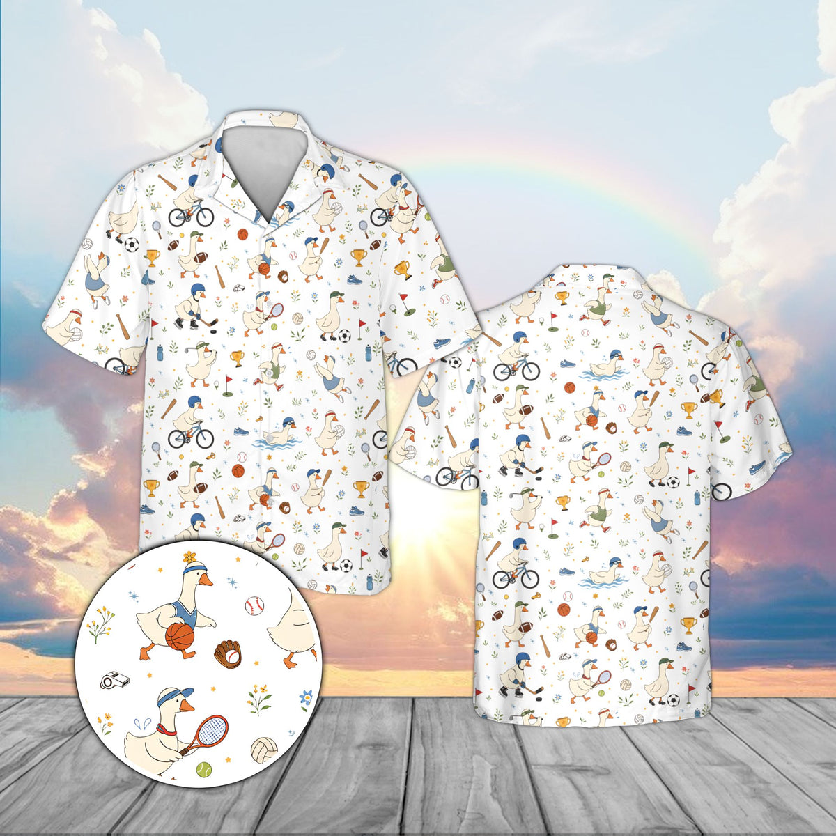 White matching family hawaiian shirts with sport duck design, front view