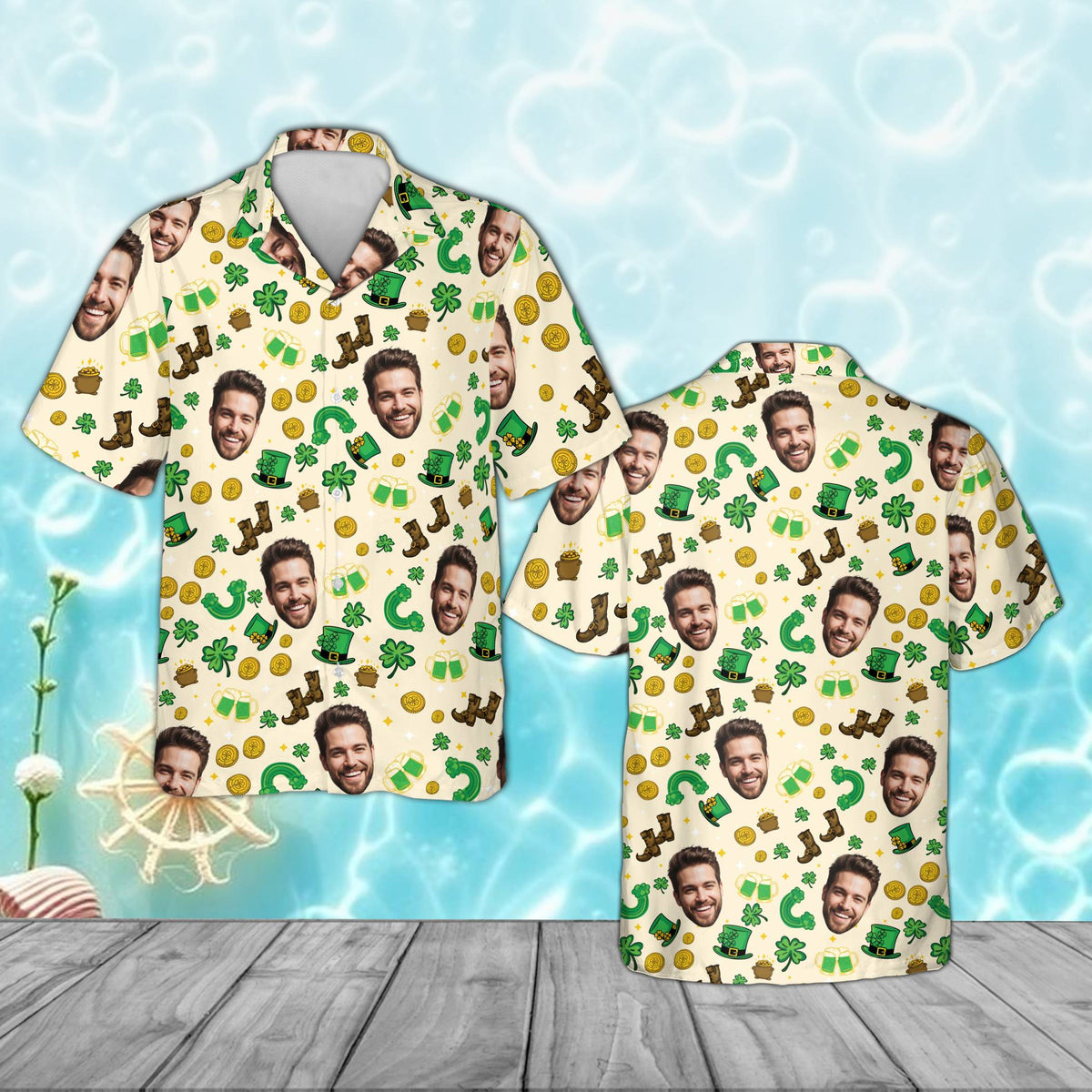 Beige custom photo st. patrick's day hawaiian shirt with leprechaun hats and custom face, front view