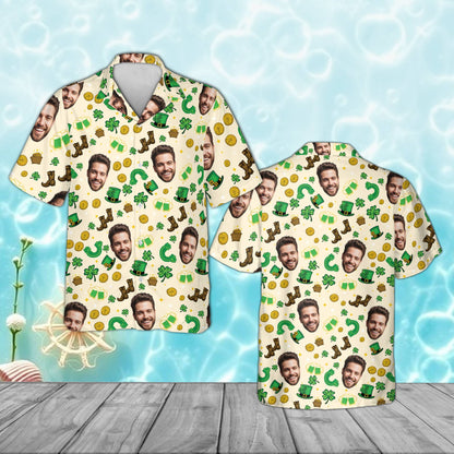 Beige custom photo st. patrick's day hawaiian shirt with leprechaun hats and custom face, front view