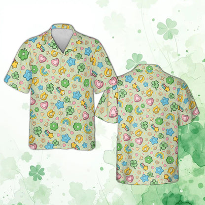Beige St. Patrick's Day hawaiian shirt with colorful shapes pattern front view