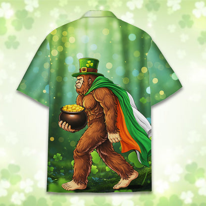 St. Patrick's Day Bigfoot Hawaiian Shirt back view close up