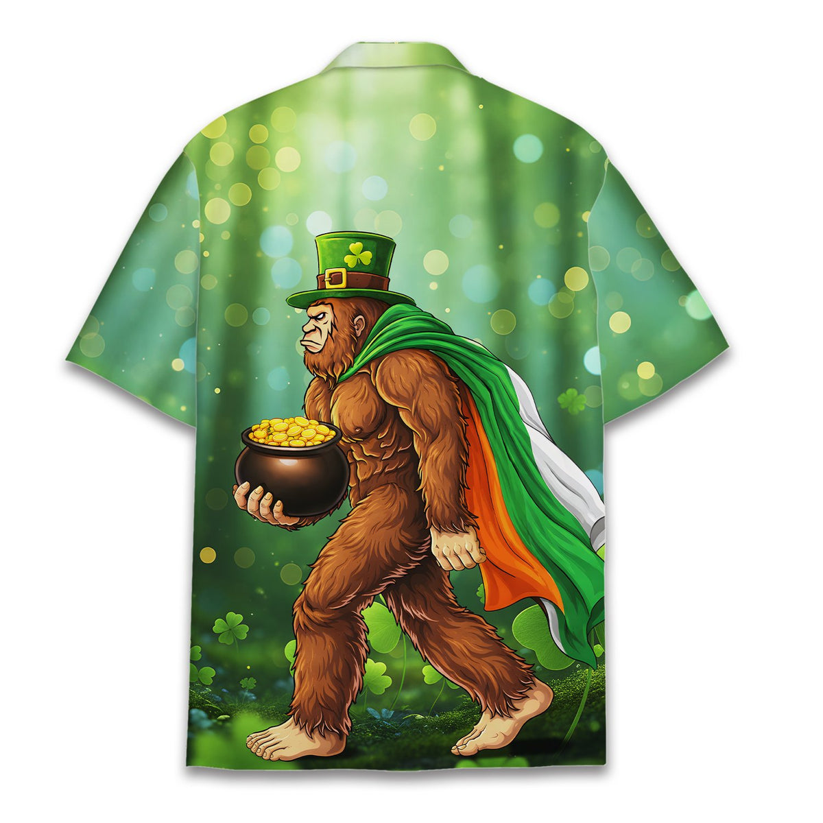 St. Patrick's Day Bigfoot Hawaiian Shirt back view showing the green forest design