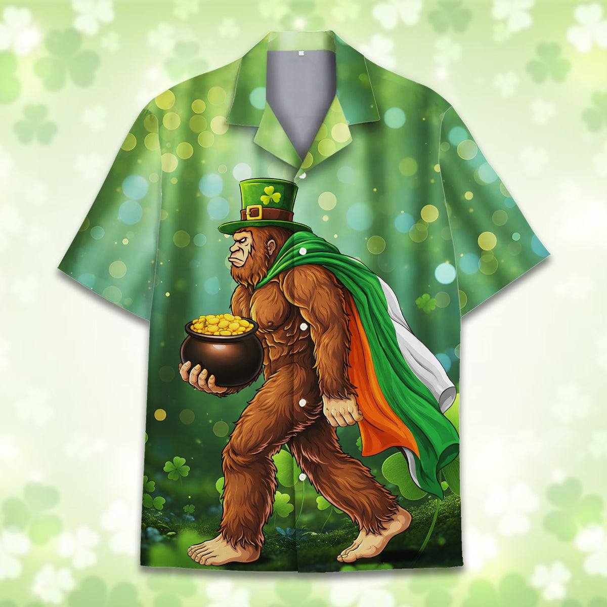 Close up of the St. Patrick's Day Bigfoot Hawaiian Shirt front showing the magical green forest and shamrocks