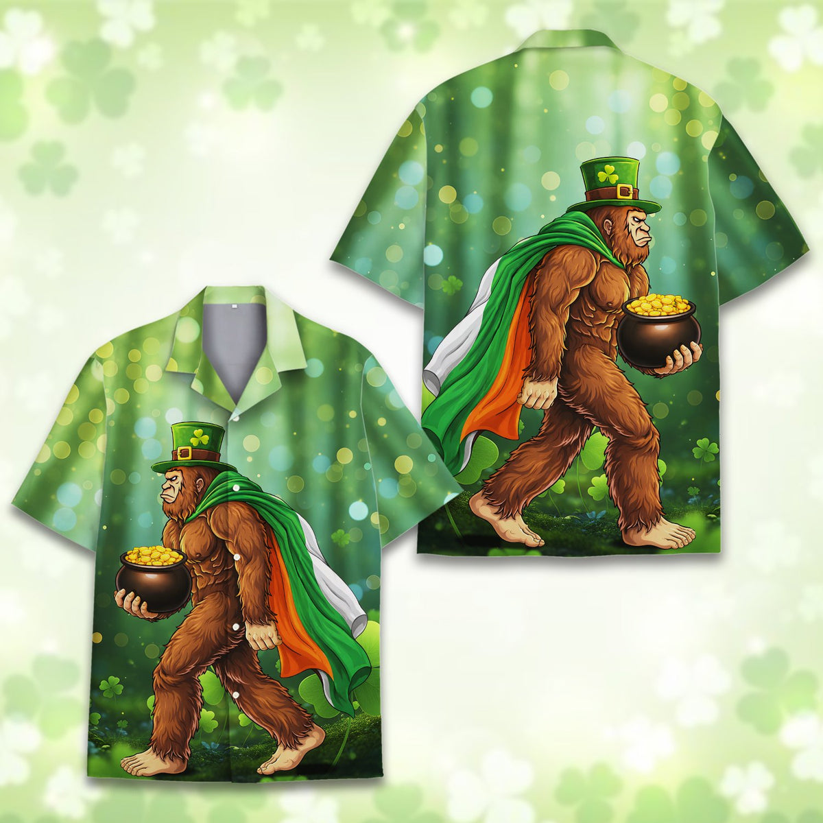 St. Patrick's Day Bigfoot Hawaiian Shirt front displaying bigfoot and a pot of gold