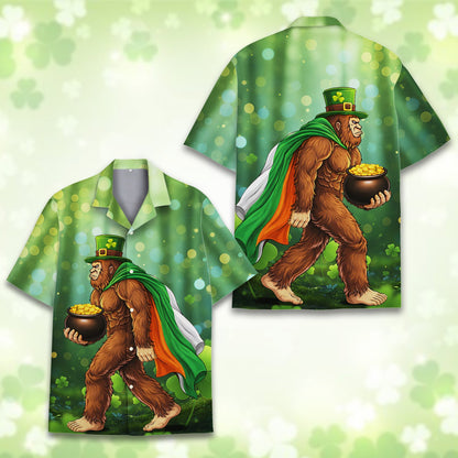 St. Patrick's Day Bigfoot Hawaiian Shirt front displaying bigfoot and a pot of gold