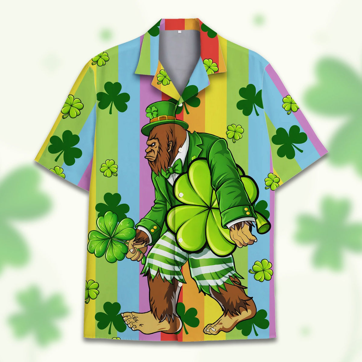 Matching family Hawaiian shirt with rainbow stripes and shamrocks, main view