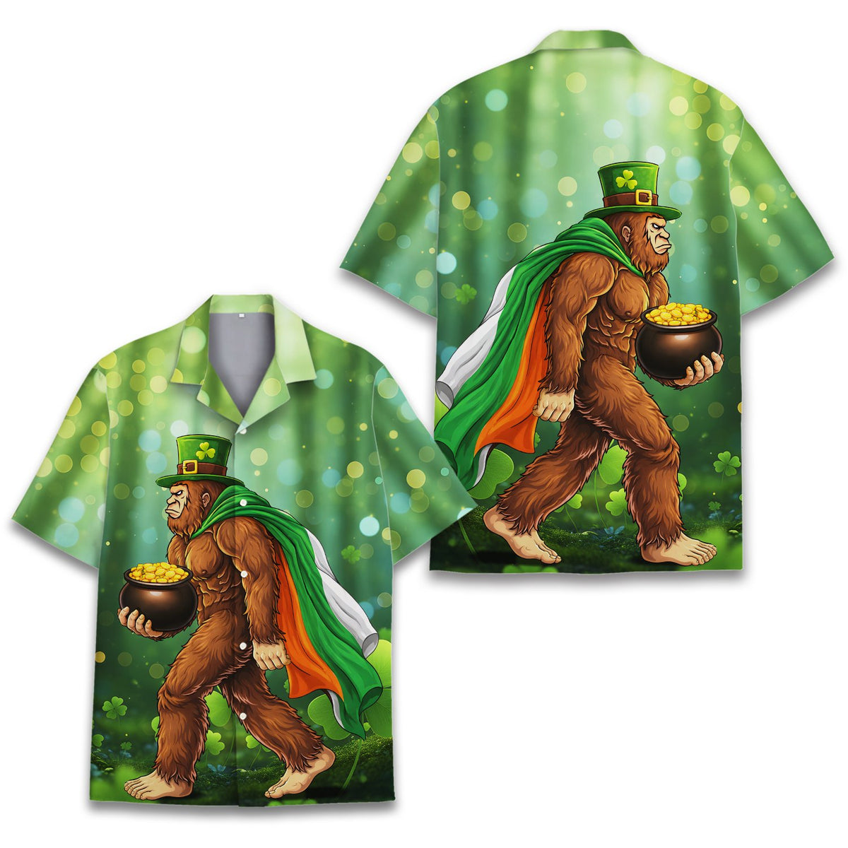 St. Patrick's Day Bigfoot Hawaiian Shirt with bigfoot wearing a leprechaun hat, front view